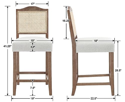 CIMOTA Linen Beige Rattan Farmhouse Bar Stool Set Mid Century Modern 26.5In