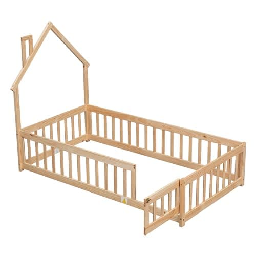 Twin Size Montessori Floor Bed with Door & Roof, Easy Assembly & Guardrails, Natural Finish
