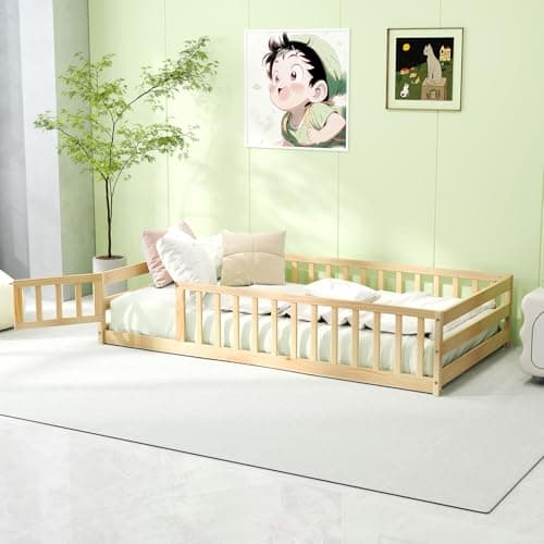KOMFOTT Grey Twin Size Wooden Montessori Floor Bed with Safety Guardrails & Door