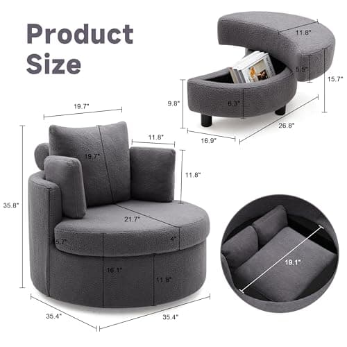 Modern Grey Swivel Chair with Half Moon Storage Ottoman & 3 Pillows for Living Room