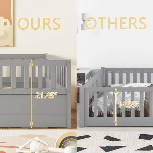 Gray Full Size Montessori Floor Bed with High Fence & Door