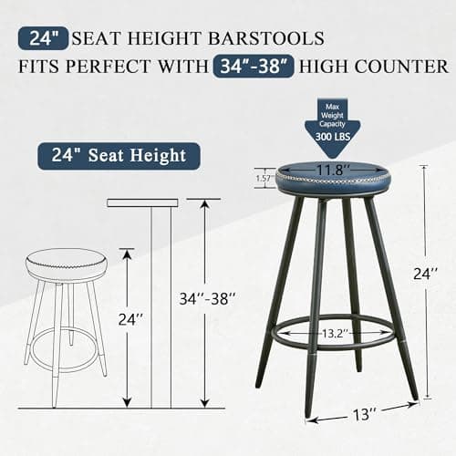 Navy Faux Leather Swivel Bar Stools Set 24"Kitchen Island (2PCS)