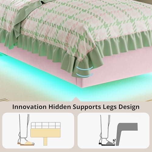Twin Bed Frame with Headboard and LED Light, Velvet Upholstered - Pink
