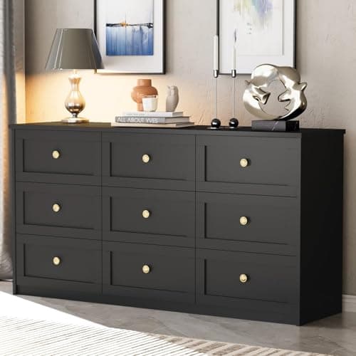 Black 8 Drawer Double Dresser - 55.1" Wide with Large Storage
