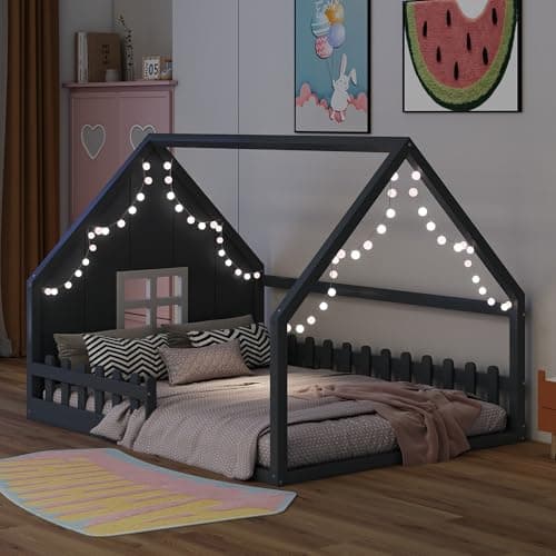 Merax Wood Montessori Full Size Floor Bed with LED Light, Grey