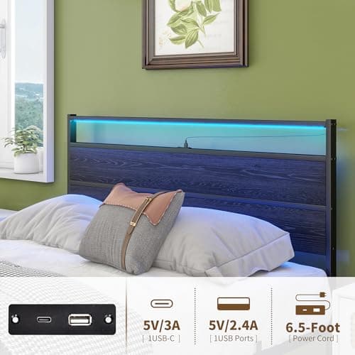 Full Size Metal Bed Frame with Headboard & LED Lights & Charging Station