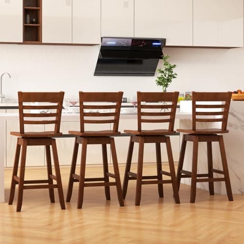 COSTWAY Walnut Counter Height Bar Stool Set with Footrest & Hollow Back (Set of 4)