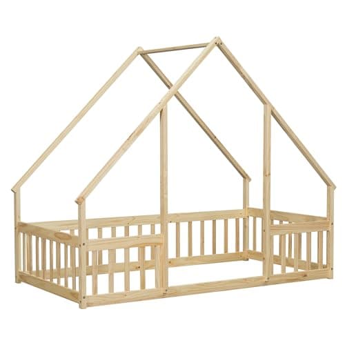 Twin Size Montessori Floor Bed with Fence, Natural Solid Wood Frame