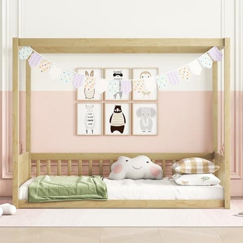 Twin Size Floor Bed Canopy Frame for Kids, Wood Fence, Natural, No Box Spring Needed