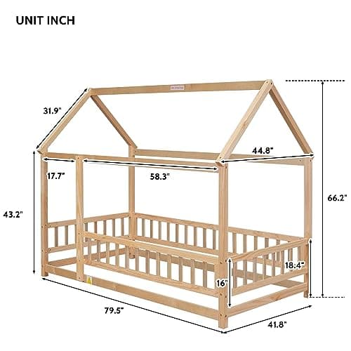 Montessori Twin Size Floor Bed with Roof & Fence Guardrails for Boys Girls Bedroom