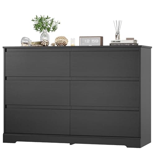 Fotosok Black Modern 6-Drawer Double Dresser, Wide Storage Cabinet