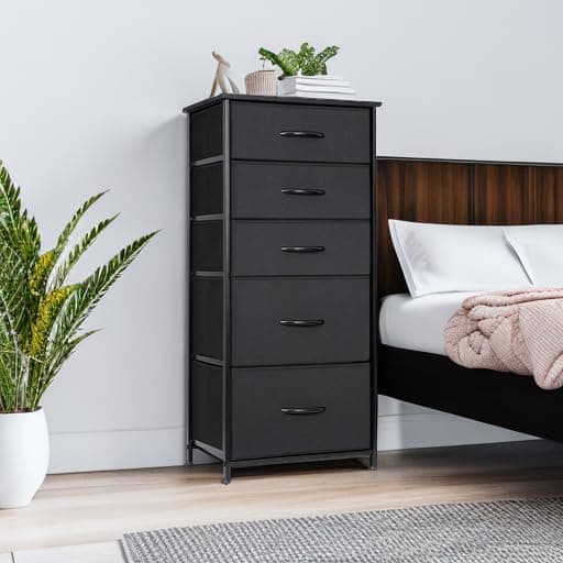 Black Vertical Storage Tower Dresser with 5 Drawers & Wood Top for Bedroom