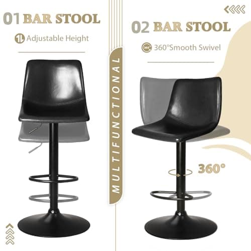 LEMBERI Set of 4 Modern Swivel Bar Stools with Backrest, Adjustable Faux Leather for Kitchen Island (Black)