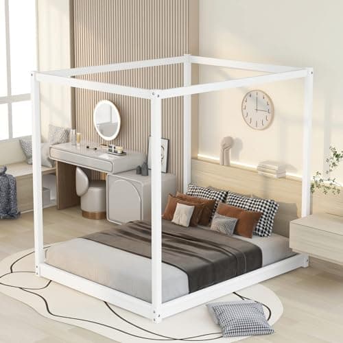 Queen Size Canopy Bed Frame for Adults, Teens, and Children, White