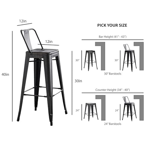 AC Pacific Rustic Country Metal Barstool Set of 2, 30" Seat, Distressed Black