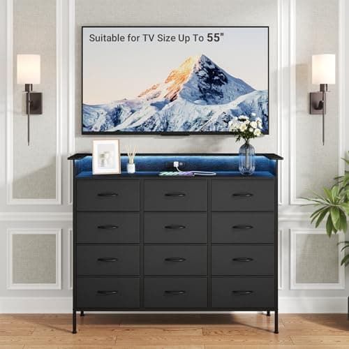 Elyken 50" Black Dresser with 12 Drawers & Charging Station
