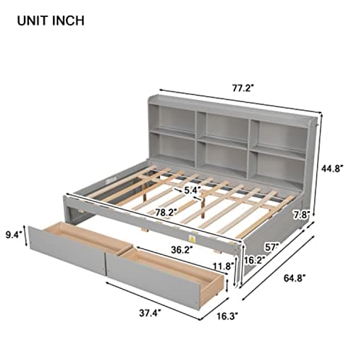 Full Size Gray Solid Wood Bed with Side Bookcases & Storage Drawers
