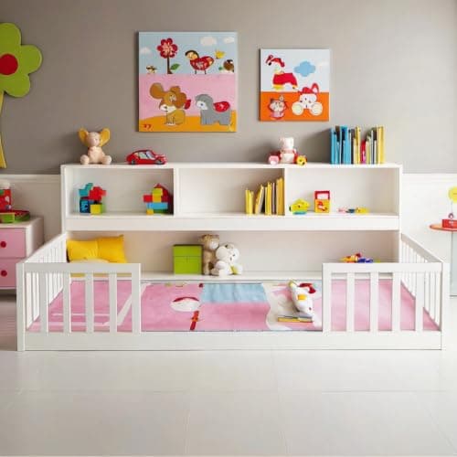 Grey Twin Montessori Floor Bed with Bookcase & Safety Guardrails