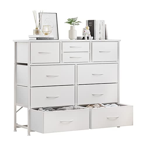 LUMTOK 10-Drawer Fabric Dresser, Steel Frame, Wood Top (Grey)