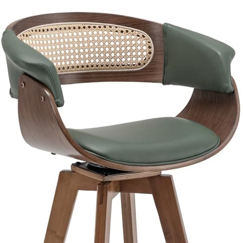 Mid Century Modern Walnut Beige Rattan Swivel Bar Stools with Cane Back