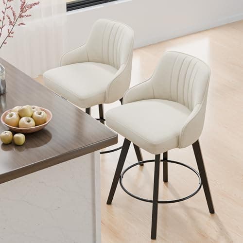 VINGLI 26" Swivel Barstool Set, Beige Linen Fabric, Kitchen Counter Height