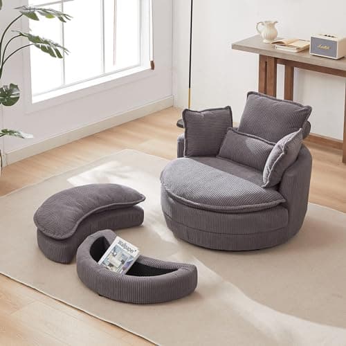 Yellow i-POOK Swivel Chair with Storage Ottoman & Pillows, Oversized Barrel Chair for Living Room