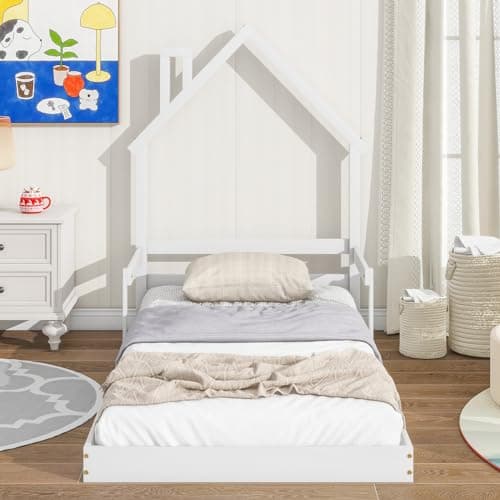 i-POOK Kids Wooden Montessori Floor Bed with House-Shaped Headboard and Handrails, White