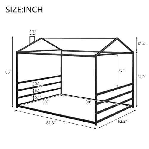 Queen Size Metal House Bed for Kids, Black