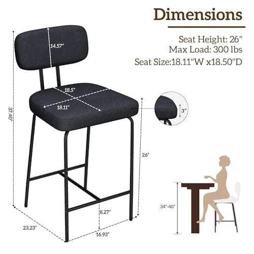 2-Piece Black Fabric Bar Stool Set, 26", Counter Height Kitchen Chairs