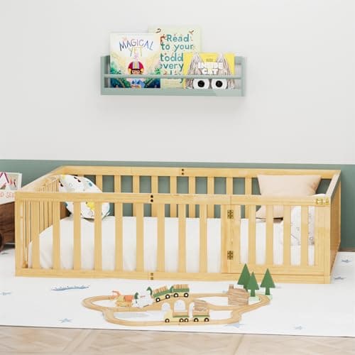 Montessori Twin Size Floor Bed for Children, Wood Frame with Fence & Door, Natural Color
