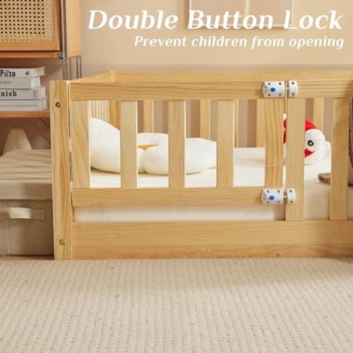 Montessori Toddler Floor Bed with Door and Fence for Kids (Natural)