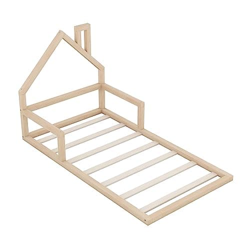 MERITLINE Twin Montessori Floor Bed with House-Shaped Headboard (Natural)