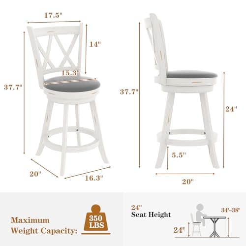 Antique White Swivel Bar Stools with High Back & Wood Footrest (Set of 2)