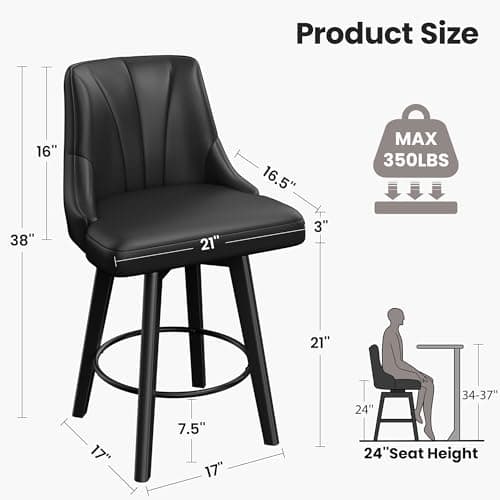 Counter Height Swivel Bar Stool Set, Black, 24" PU Leather, Kitchen Dining Room