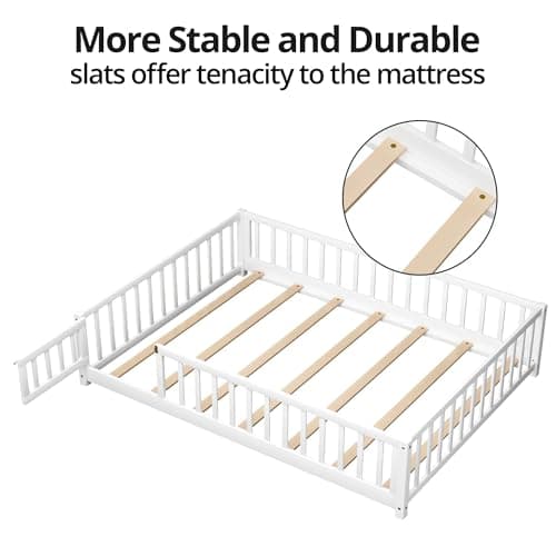JINS&VICO Full Size Montessori Floor Bed with Door & Safety Guards, White