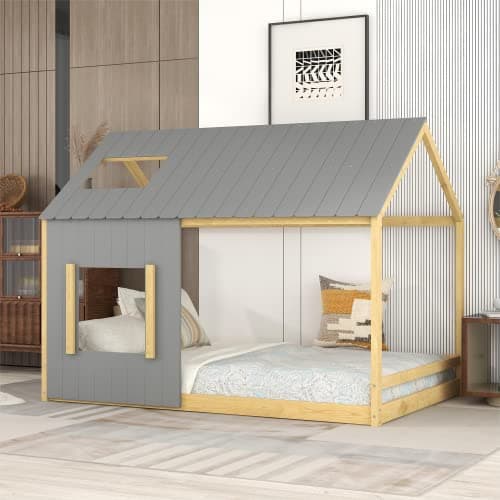 i-POOK Twin Size House Bed with Roof and Window, Gray+Natural