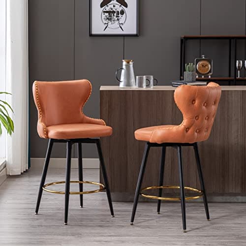 Fabric Upholstered Swivel Bar Stools Set of 2, 25 Inch Height with Tufted Back, Nailhead Trim, Metal Legs for Kitchen Island Pub, Gray