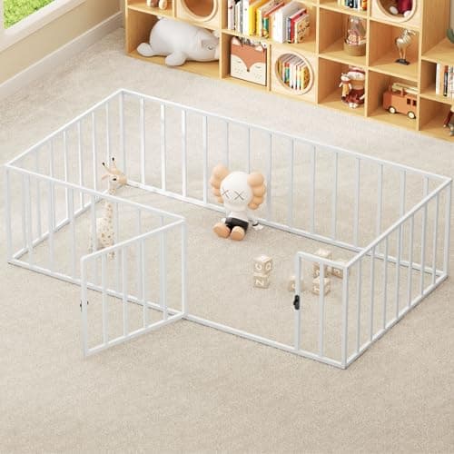 LOVMOR Safety-Fenced Twin Metal Floor Bed for Kids with Door