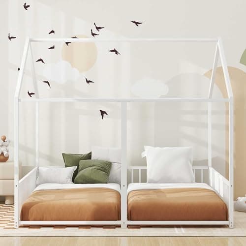LUSPAZ White Wood House-Shaped Bed with Headboard, Sturdy Montessori Bed Frame for Toddlers & Babies