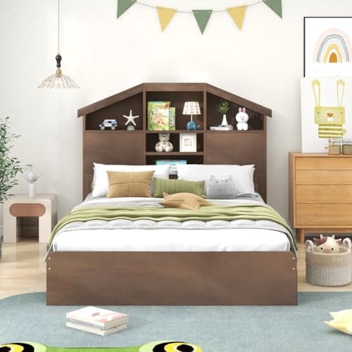 i-POOK House-Shaped Storage Full Bed Frame with Drawers for Kids Teens Adults Walnut