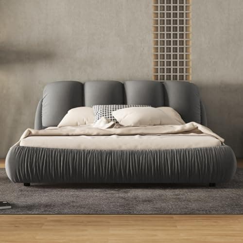 Luxury Upholstered Queen Size Platform Bed, Stone Gray Velvet