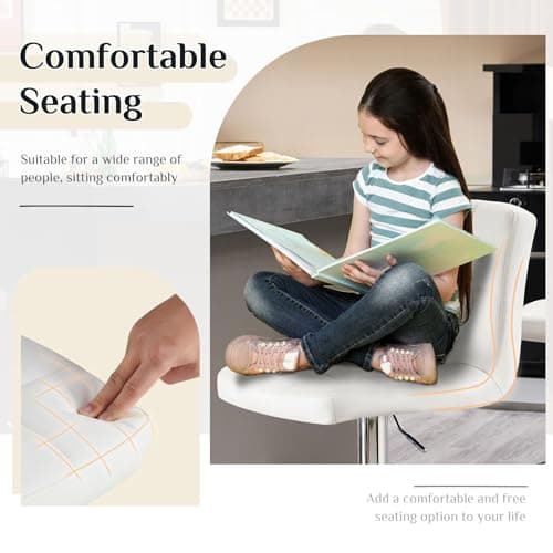 DUMOS Adjustable Swivel Bar Stools, PU Leather Seat, Thick Cushion, White