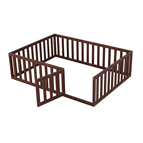 Full Size Montessori Bed Frame with Safety Guardrails and Door, Walnut