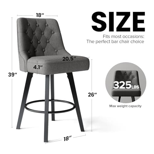 Retro Upholstered Swivel Bar Stools, 360 Rotation, Gray Linen, Solid Wood Legs, Kitchen Island, 26" H Seat