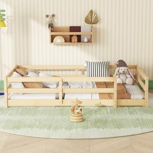 Full Size Wood Floor Bed Frame with Fence - Natural
