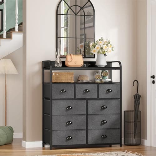 Dark Grey Fabric Dresser with 9 Drawers & 2 Shelves, Metal Frame