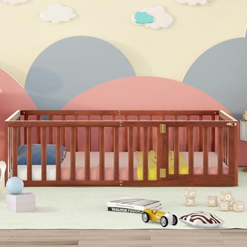 Wood Montessori Floor Bed for Kids, Twin Size with Fence & Door, Walnut