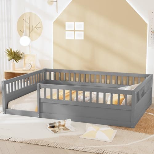 Sturdy Full Size Toddler Floor Bed with Safety Fence (White)