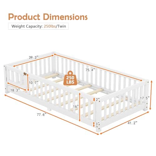 Montessori Twin Size Floor Bed with Door and Guardrail, White Wood Playhouse Bed