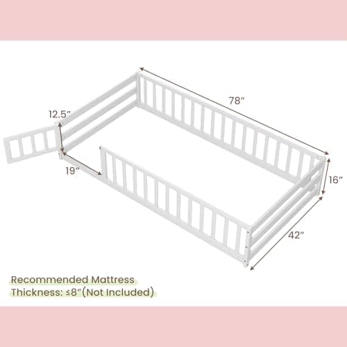 Giantex Safety Floor Bed with Door & Fence, Twin, White
